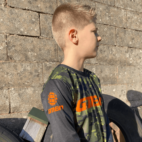 GMBN Kids Descent Jersey Long Sleeve - Camo Green & Orange